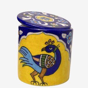Boho Hand Painted Blue Peacock Ceramic Lidded Jar